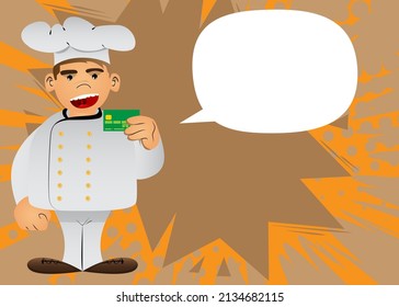 Fat male cartoon chef in uniform holding credit card. Vector illustration.