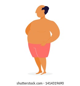 Carácter macho gordo con traje de baño. Personas con sobrepeso en la playa. Vacaciones de verano. Ilustración vectorial aislada en estilo caricaturista