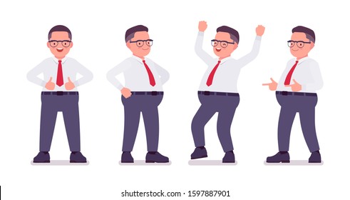 Fat male clerk busy in positive emotions. Heavy middle aged business guy, office manager and civil service worker, typical employee in a plus size formal wear. Vector flat style cartoon illustration