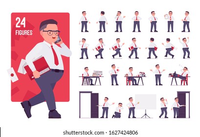 Fat male clerk in formal wear character set. Heavy middle aged business guy, office manager or civil service worker, typical employee, plus size. Full length, different view, gestures, emotions, poses