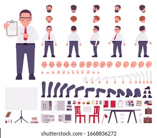 Fat male clerk in formal wear construction set. Heavy middle aged business guy, manager, civil service worker, office equipment, typical plus size employee. Vector illustration