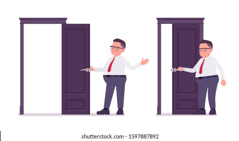 Fat Male Clerk Opening And Closing A Door. Heavy Middle Aged Business Guy, Office Manager, Civil Service Worker, Typical Employee In A Plus Size Formal Wear. Vector Flat Style Cartoon Illustration