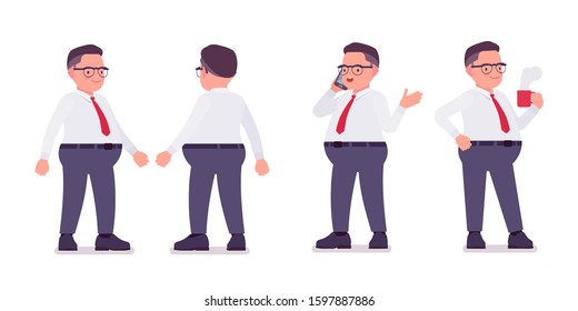 Fat male clerk standing with a phone, mug. Heavy middle aged business guy, office manager and civil service worker, typical employee in a plus size formal wear. Vector flat style cartoon illustration