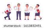 Fat male, female clerk with check list, paper. Heavy middle age business people, office manager, civil service worker, typical employee in plus size formal wear. Vector flat style cartoon illustration