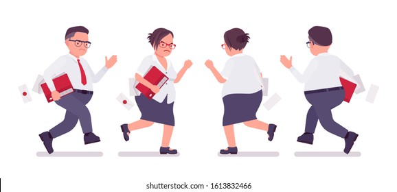 Fat male and female clerk running. Heavy middle aged business people, office manager and civil service worker, typical employee in a plus size formal wear. Vector flat style cartoon illustration