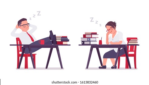 Fat male and female clerk sleeping, resting at desk. Heavy middle aged business people, office manager and civil service worker, typical employee. Vector flat style cartoon illustration