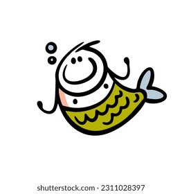 Fat male mermaid under the water swimming in the sea. Vector illustration of fantastic creature. Cartoon image isolated on white background.