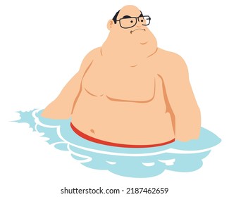 Fat male in water. Man bathes. Funny people. Illustration concept template for website, web landing page, banner, presentation, social, poster, promotion or print media.