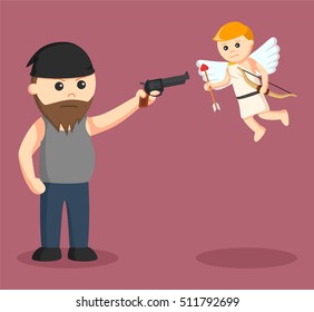 fat man aiming gun to cupid