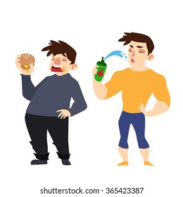 Fat Man and Athletic Man Vector Illustration. Diet, Sporty Lifestyle