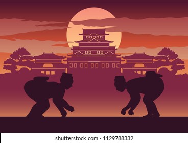 Fat man battle of Japan called Sumo ready to fight pose in front of palace and castle of Japanese style,silhouette design