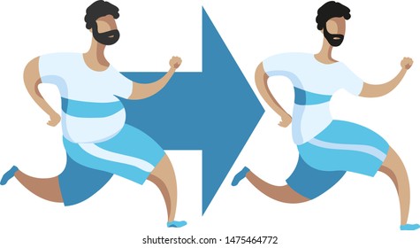 Fat man becomes slim. Vector illustration on the theme of weight loss.
