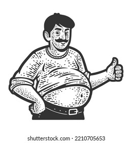 Fat man with beer belly abdominal obesity sketch engraving vector illustration. Scratch board imitation. Black and white hand drawn image.