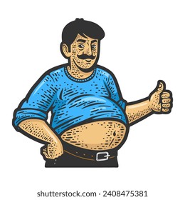 Fat man with beer belly abdominal obesity sketch hand drawn color engraving vector illustration. Scratch board imitation. Black and white hand drawn image.