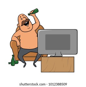 Fat man with a beer bottle watching TV, sitting in a chair. Vector illustration, isolated on white background.