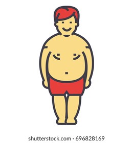 Fat man before diet and fitness concept. Line vector icon. Editable stroke. Flat linear illustration isolated on white background