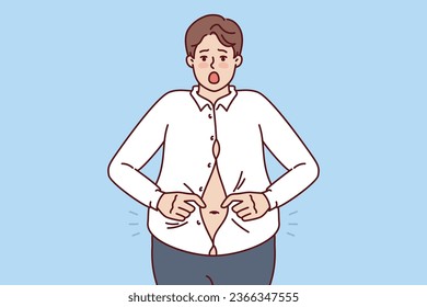 Fat man with big belly is trying to button up small shirt and is screaming in excitement at being overweight. Overweight guy needs help of nutritionist or fitness trainer to get rid of excess weight. svg