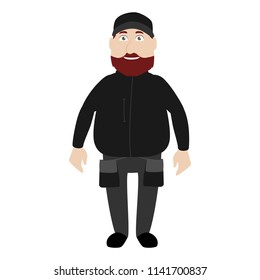 Fat man in black suit and black hat with brown beard.