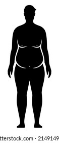 Fat Man Black Vector Silhouette. Overweight Male Body Isolated On Background.