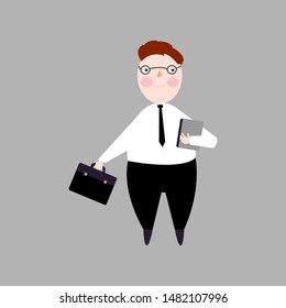 Fat man with briefcase on gray background