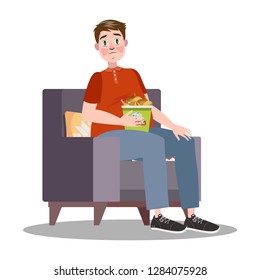 Fat man with bucket full of chicken. Overweight guy is sad. Eating junk food. Bad habit concept. Flat vector illustration