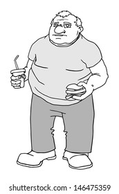 Fat man with burger and drink vector black and white illustration
