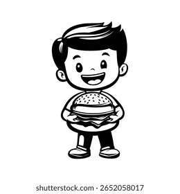 Fat Man with Burger Vector – Funny Cartoon Character Eating Fast Food for Menu and Branding Use Vector of Overweight Man Holding Burger – Comic Fast Food Scene for Advertising and Illustration	