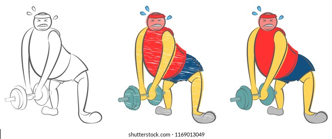Fat man can not lift a heavy dumbbell. Guy trying to Lose Weight. Health care concept. Need to lose weight and get the perfect body. Sport failure. Hand drawn cartoon doodle vector illustration. 