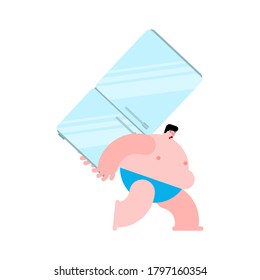 Fat man carries refrigerator. Gluttony concept. vector illustration