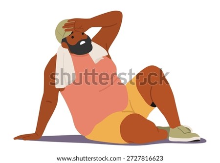 Fat man cartoon character feeling tired and breathless sitting exhausted on floor looking completely drained of energy after difficult and grueling workout gym session isolated vector illustration