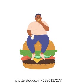 Fat man cartoon character sitting on huge burger eating unhealthy fast food drinking soda beverage