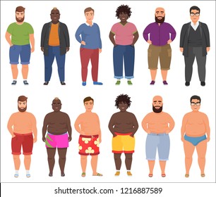 Fat man in casual and summer underwear clothes set. Plus size male people.