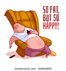 The fat man in a chair. So fat, but so happy! Vector illustration on a white background.