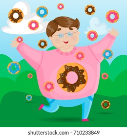 Fat Man Character with Donuts, Cartoon Hand Drawn Vector Illustration EPS10