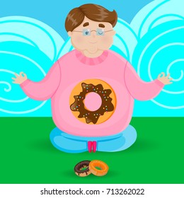 Fat Man Character with Donuts, Yoga Position, Cartoon Hand Drawn Vector Illustration EPS10