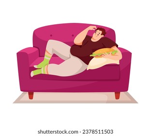 Fat Man Character with Full Body and Obesity Lying on Sofa with Sandwich Vector Illustration