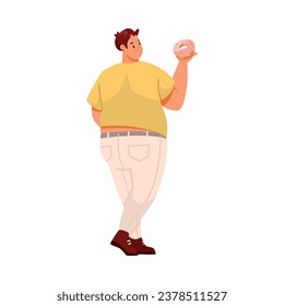 Fat Man Character with Full Body and Obesity Eating Donut Vector Illustration