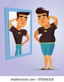 Fat Man Character Pretend To Be Strong Man In Mirror. Vector Flat Cartoon Illustration