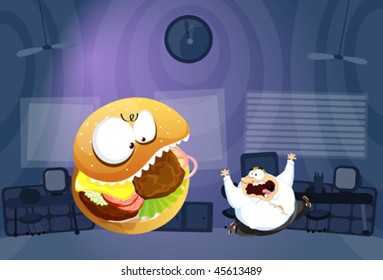 Fat man chased by Burger Monster