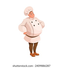 Fat Man Chef Character in Uniform in Restaurant Cooking Meal Vector Illustration