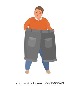 Fat man choose clothes. Big clothes plus size, chubby boy overweight vector cartoon illustration