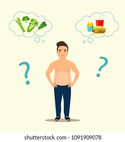 Fat man chooses between a healthy eating and a fast food. Vector flat style illustration