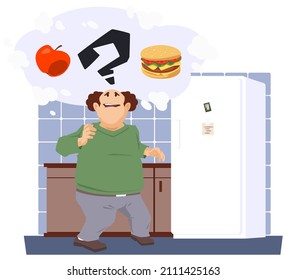 Fett Mensch wählt zwischen gesundem oder Junk Food. Männlich in der Nähe von Kühlschrank. Die lustigen kleinen Menschen. Illustrationskonzept für mobile Website und Internetentwicklung.