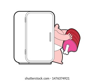 Fat man comes out of fridge with meat. vector illustration