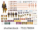Fat man creation set or DIY kit. Collection of flat cartoon character body parts, face expressions, trendy hipster clothes isolated on white background. Front, side, back view. Vector illustration. 