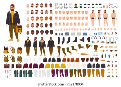 Fat man creation set or DIY kit. Collection of flat cartoon character body parts, face expressions, trendy hipster clothes isolated on white background. Front, side, back view. Vector illustration. 