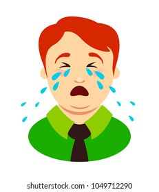 Fat man cries. Head of overweight boy. Vector illustration