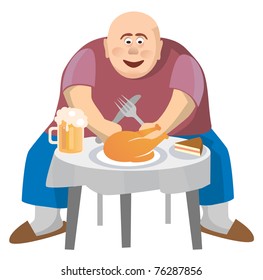Fat man at a crowded table. Isolated on white background. Vector illustration.