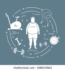 Fat man and different sports equipment. Healthy lifestyle. Exercise bike, skipping rope, stopwatch, dumbbells.