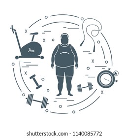 Fat man and different sports equipment. Healthy lifestyle. Exercise bike, skipping rope, stopwatch, dumbbells.
